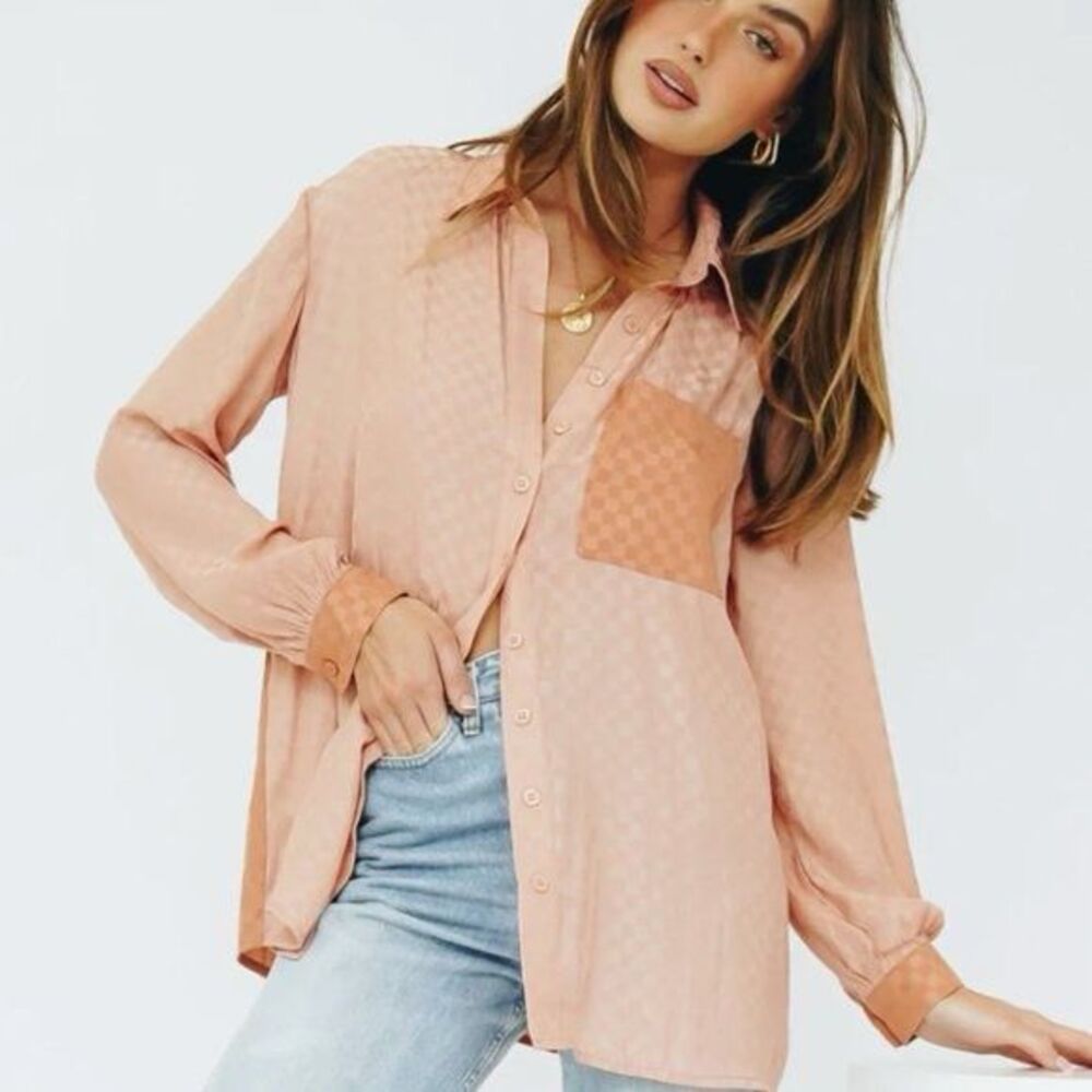 Verge Girl Coral Check Button-Front Shirt Size 10 Long Sleeve Silky Oversized